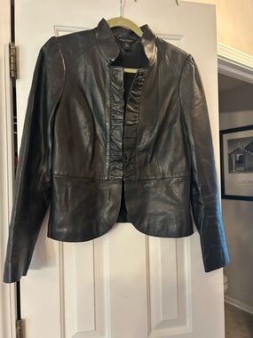 White House Black Market Black Leather Ruffle-Front Jacket